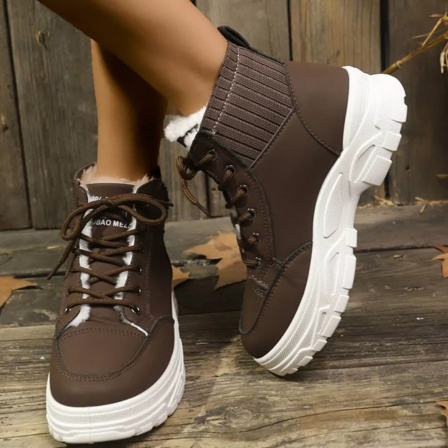Plush Lining Lace Up Boots Chocolate / 35 Apparel and Accessories