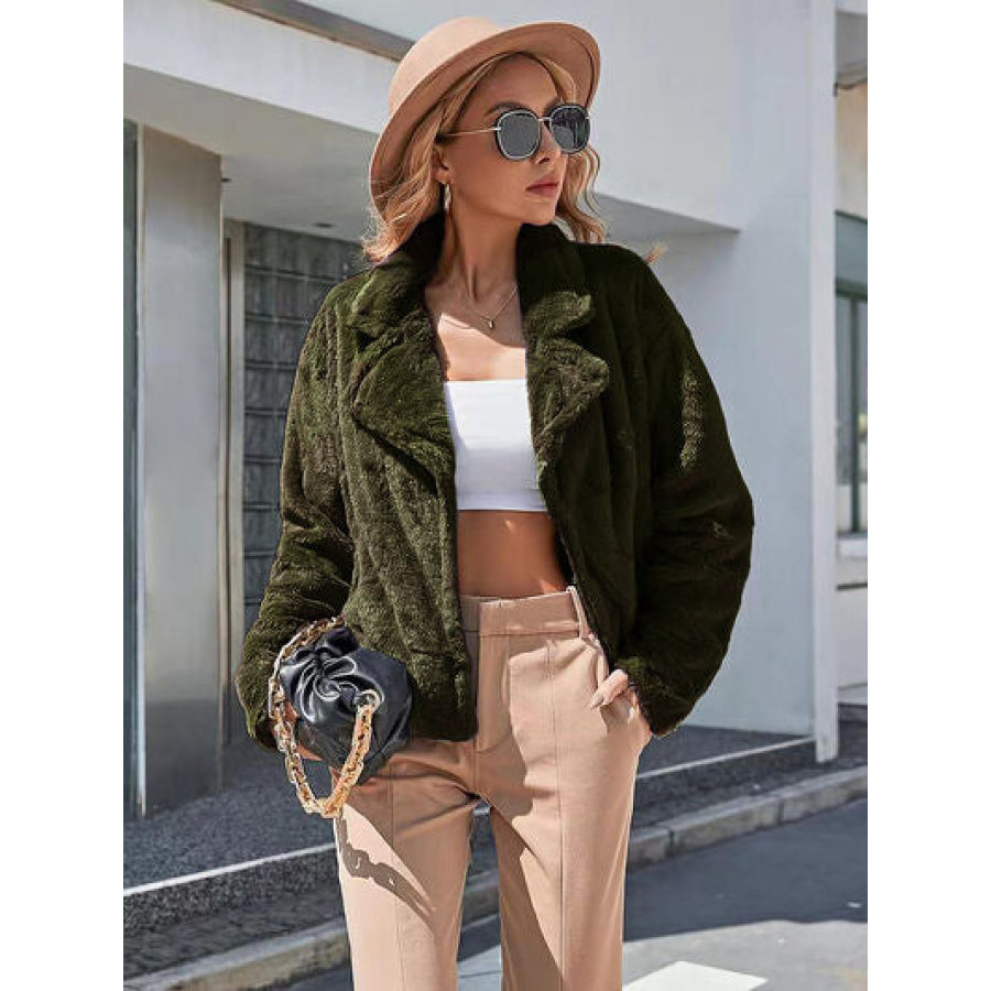 Plush Open Front Dropped Shoulder Jacket Army Green / S Apparel and Accessories