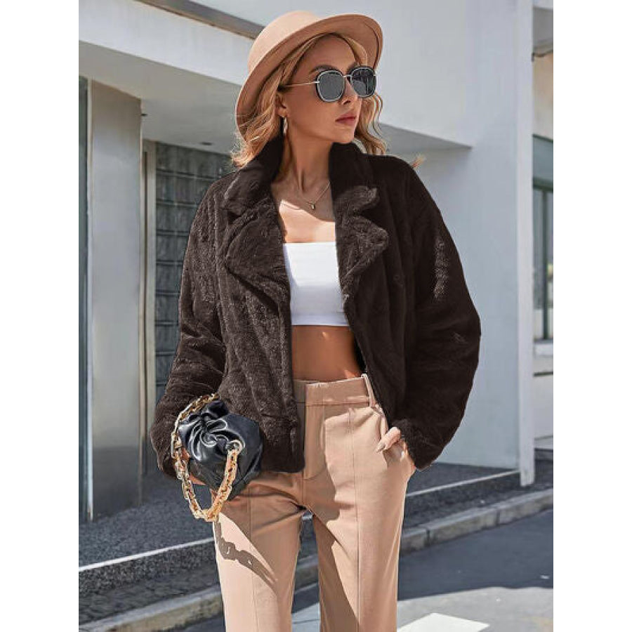 Plush Open Front Dropped Shoulder Jacket Chocolate / S Apparel and Accessories