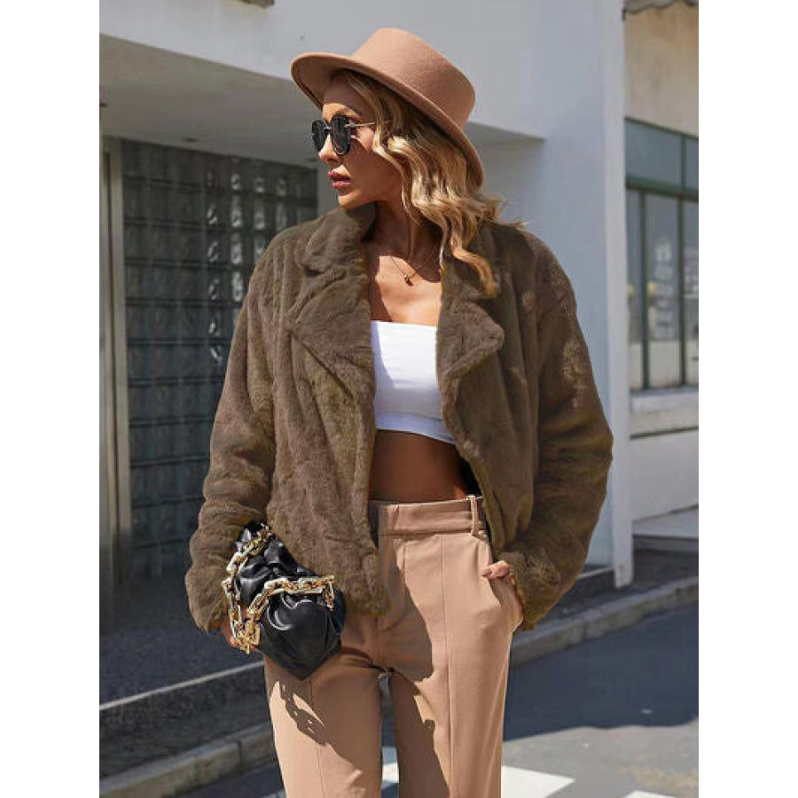 Plush Open Front Dropped Shoulder Jacket Taupe / S Apparel and Accessories