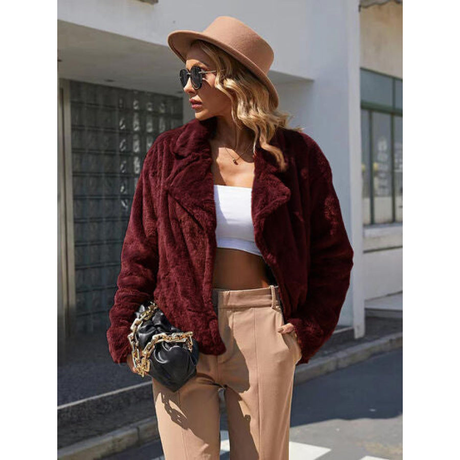 Plush Open Front Dropped Shoulder Jacket Wine / S Apparel and Accessories