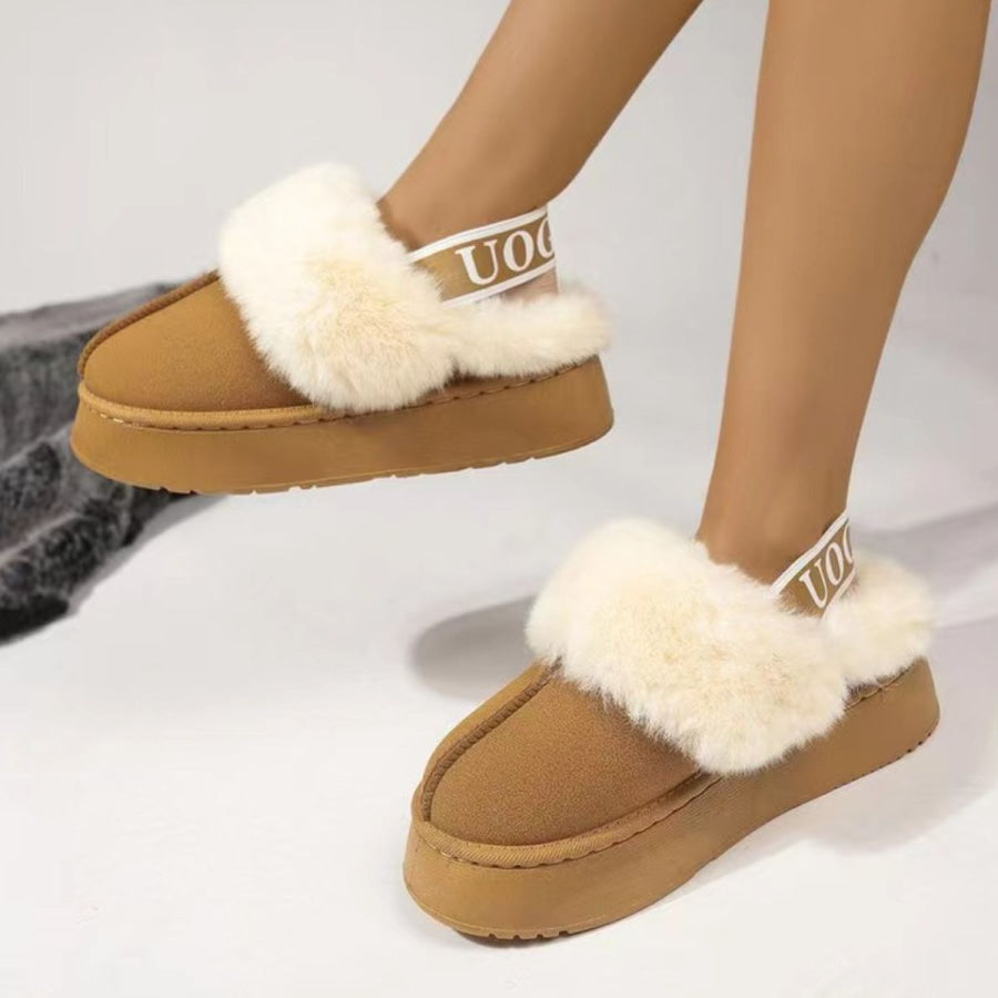 Plush Platform Slippers with Letter Strap Apparel and Accessories