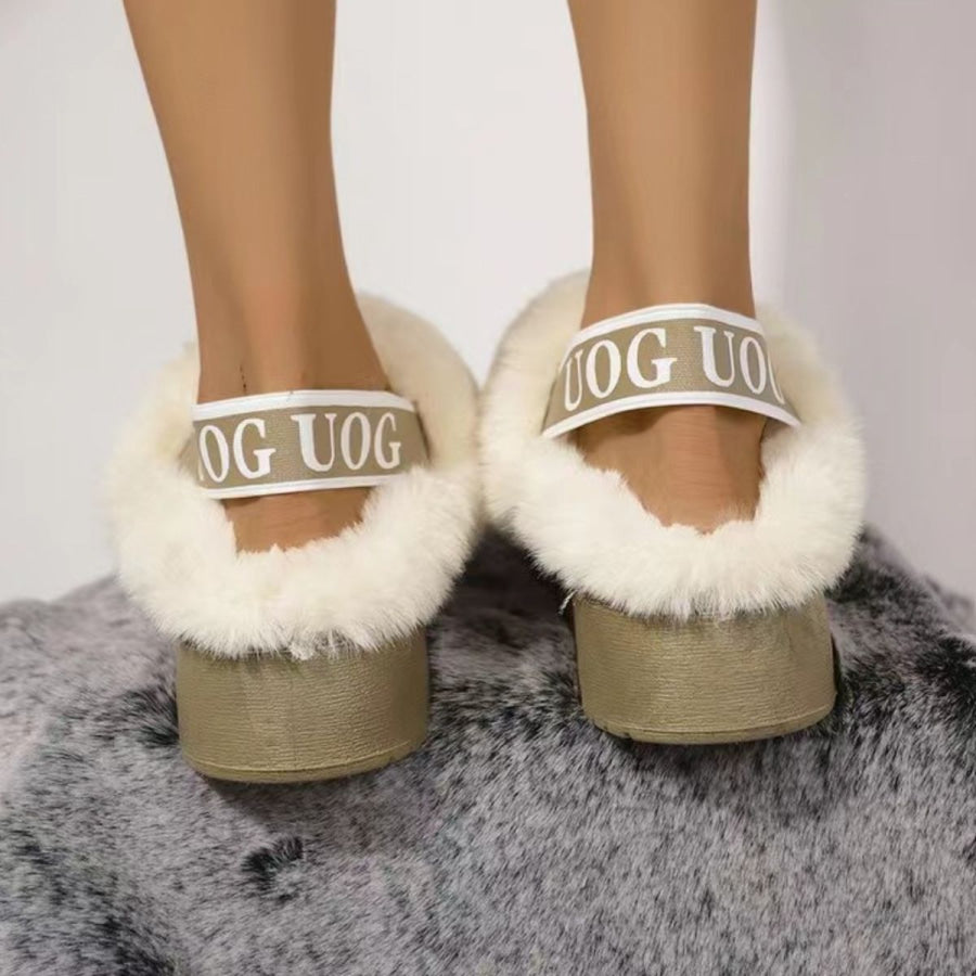 Plush Platform Slippers with Letter Strap Apparel and Accessories