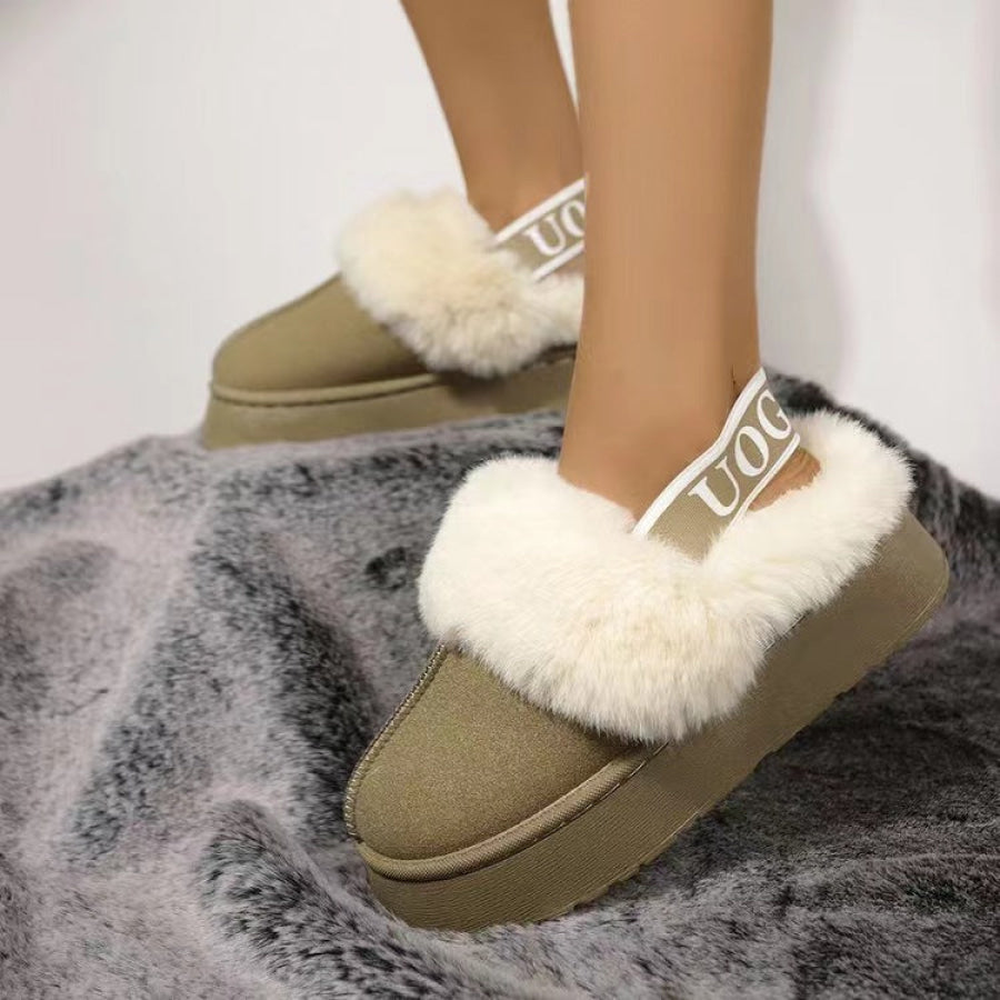 Plush Platform Slippers with Letter Strap Apparel and Accessories