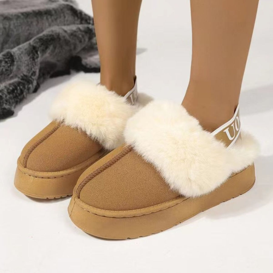 Plush Platform Slippers with Letter Strap Apparel and Accessories