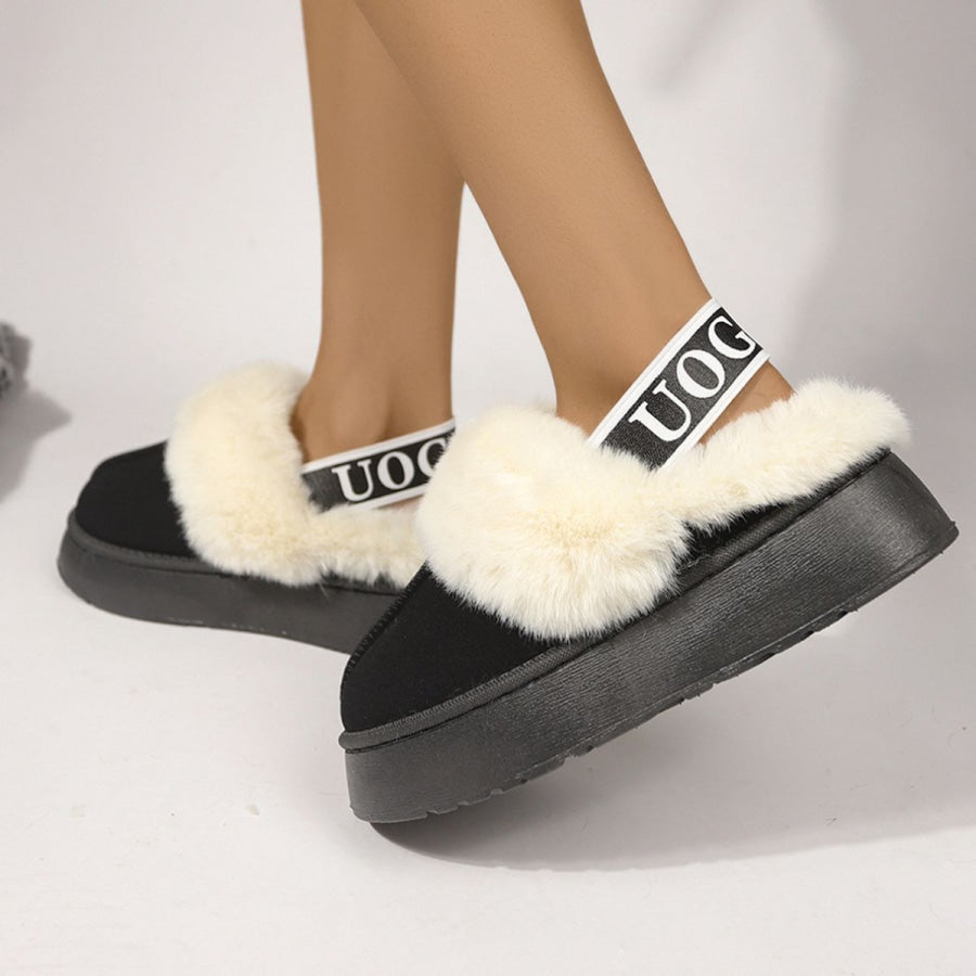 Plush Platform Slippers with Letter Strap Apparel and Accessories