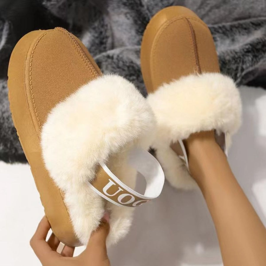 Plush Platform Slippers with Letter Strap Apparel and Accessories