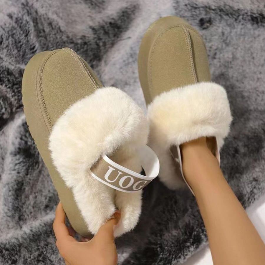 Plush Platform Slippers with Letter Strap Apparel and Accessories