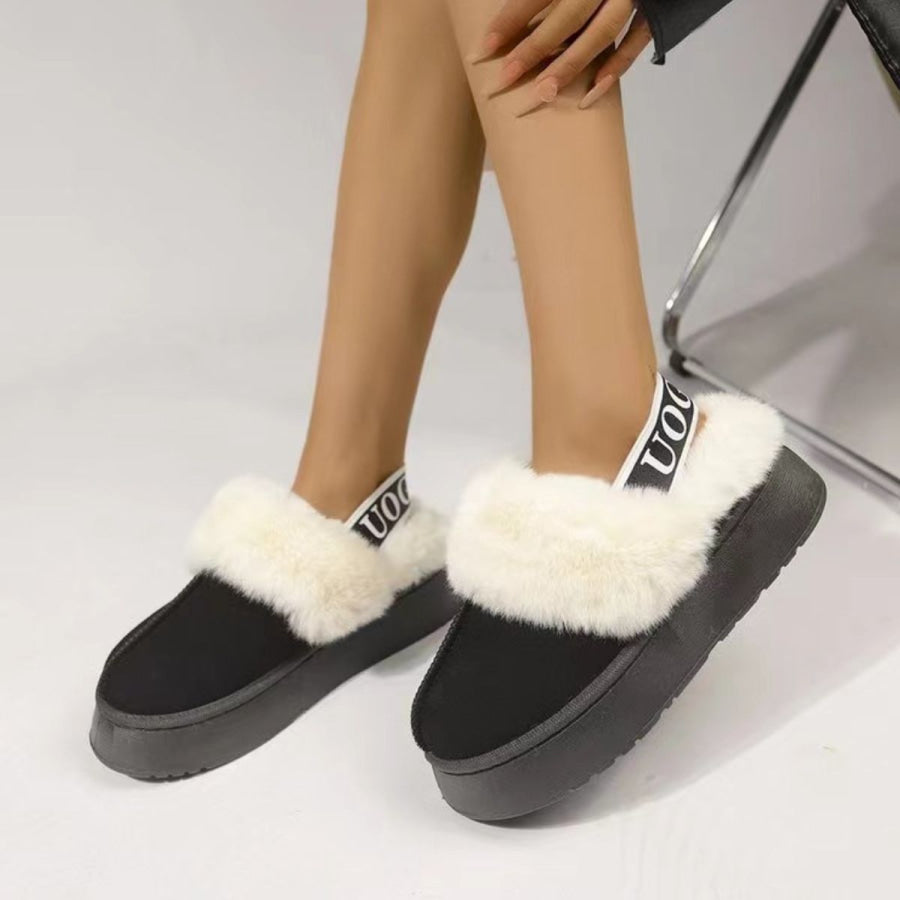 Plush Platform Slippers with Letter Strap Black / 36(US5) Apparel and Accessories