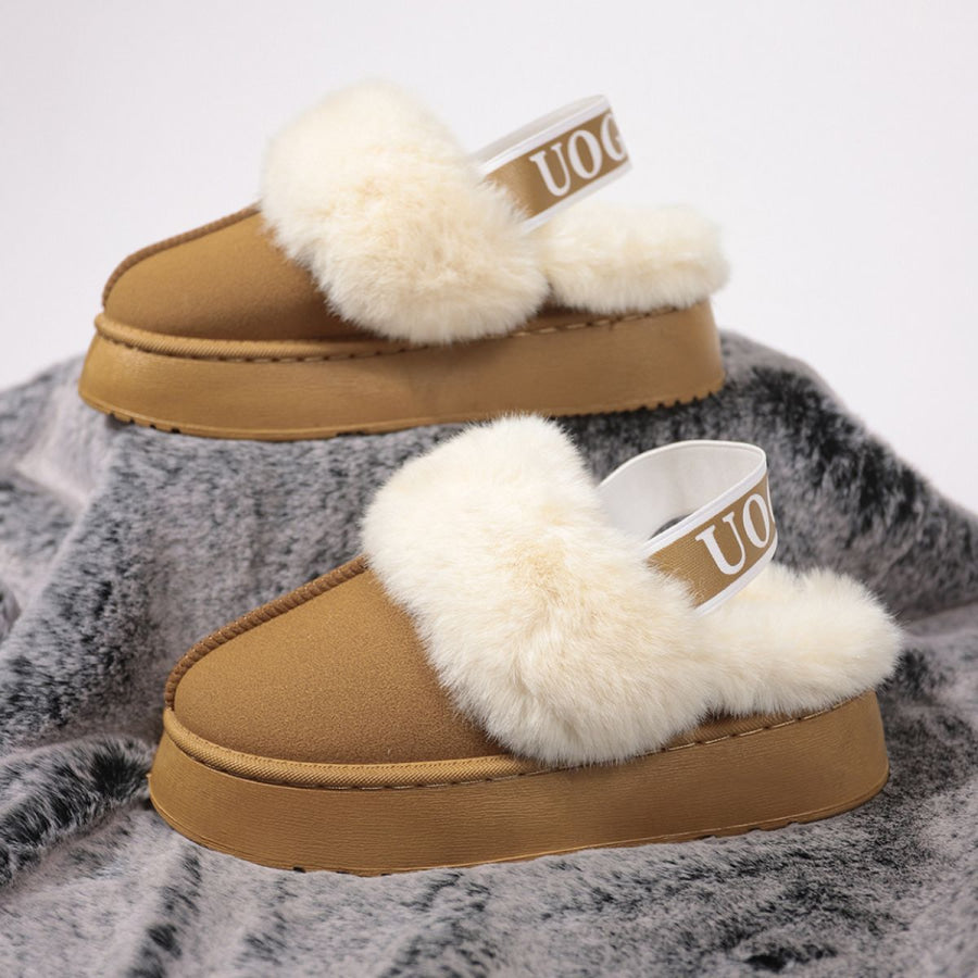 Plush Platform Slippers with Letter Strap Camel / 36(US5) Apparel and Accessories