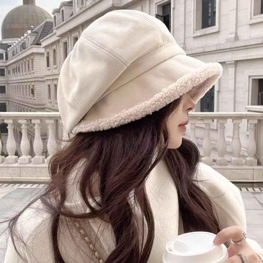 Plush Trim Baker Boy Hat Off-white / One Size Apparel and Accessories