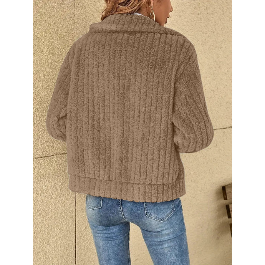 Plush Zip Up Long Sleeve Jacket Taupe / S Apparel and Accessories