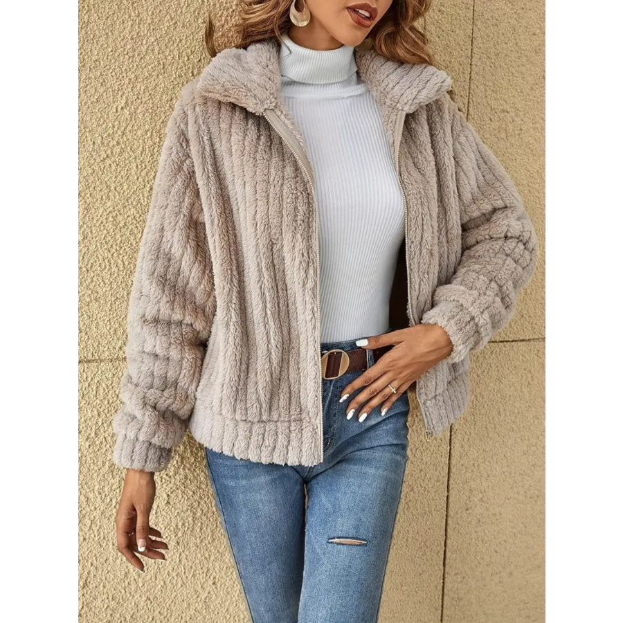 Plush Zip Up Long Sleeve Jacket Apparel and Accessories