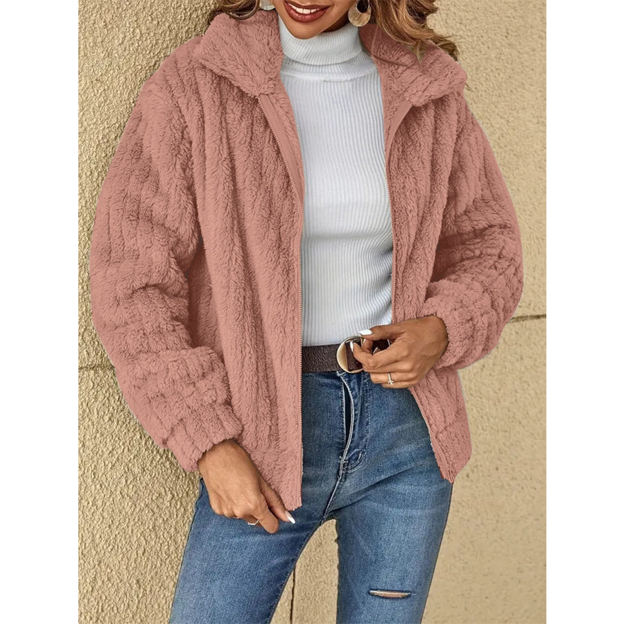 Plush Zip Up Long Sleeve Jacket Dusty Pink / S Apparel and Accessories