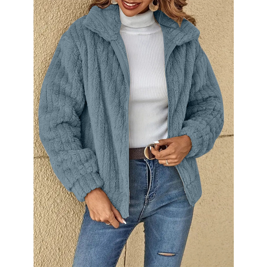 Plush Zip Up Long Sleeve Jacket Misty Blue / S Apparel and Accessories