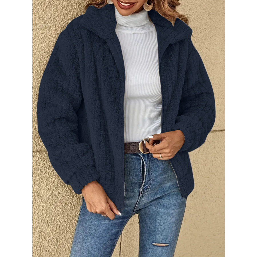 Plush Zip Up Long Sleeve Jacket Navy / S Apparel and Accessories