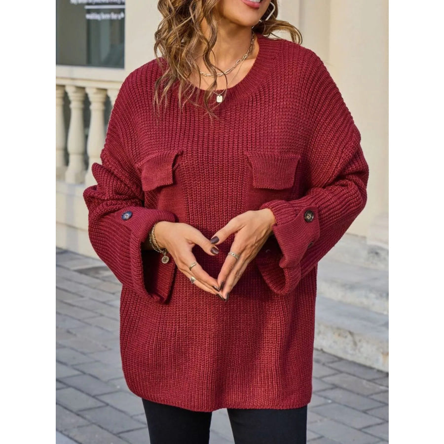 Pocket Detail Round Neck Sweater Apparel and Accessories