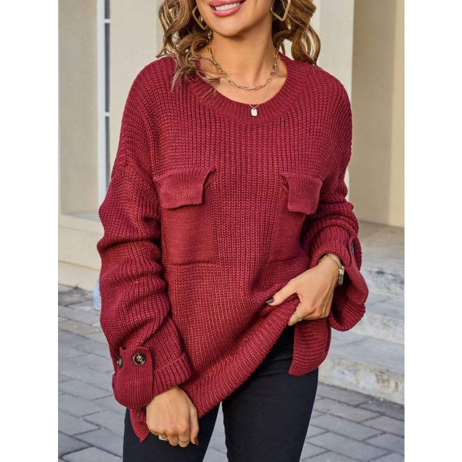 Pocket Detail Round Neck Sweater Apparel and Accessories