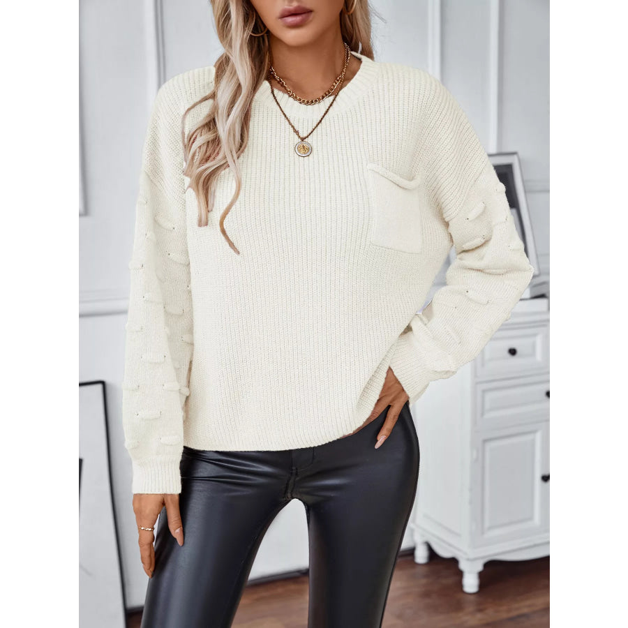 Pocket Detail Round Neck Sweater Ivory / S Apparel and Accessories