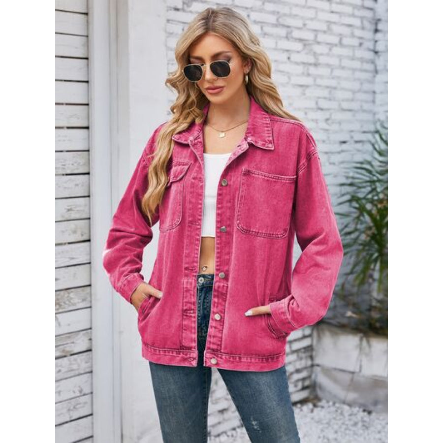 Pocketd Button Up Detachable Hooded Denim Jacket Deep Rose / S Apparel and Accessories