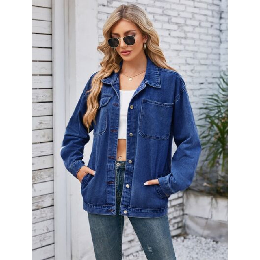 Pocketd Button Up Detachable Hooded Denim Jacket Navy / S Apparel and Accessories