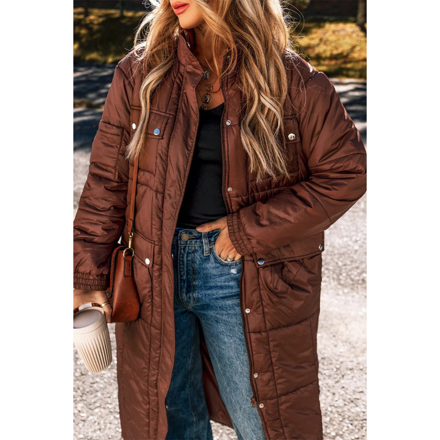 Pocketed Bubble Texture Long Sleeve Longline Winter Coat Apparel and Accessories