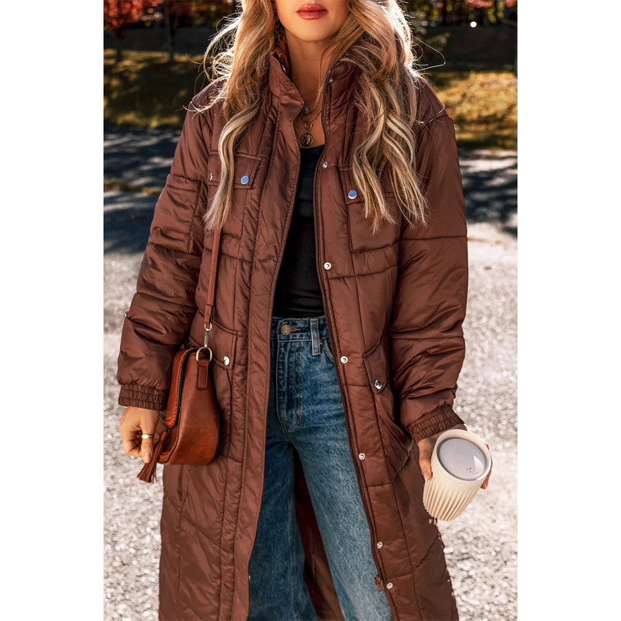 Pocketed Bubble Texture Long Sleeve Longline Winter Coat Apparel and Accessories