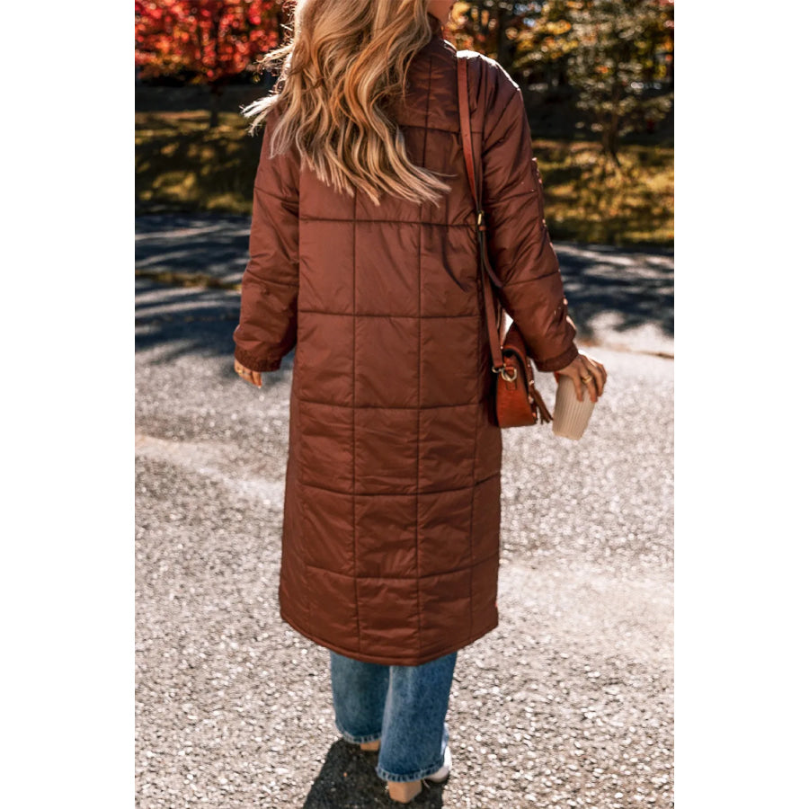 Pocketed Bubble Texture Long Sleeve Longline Winter Coat Brown / S Apparel and Accessories