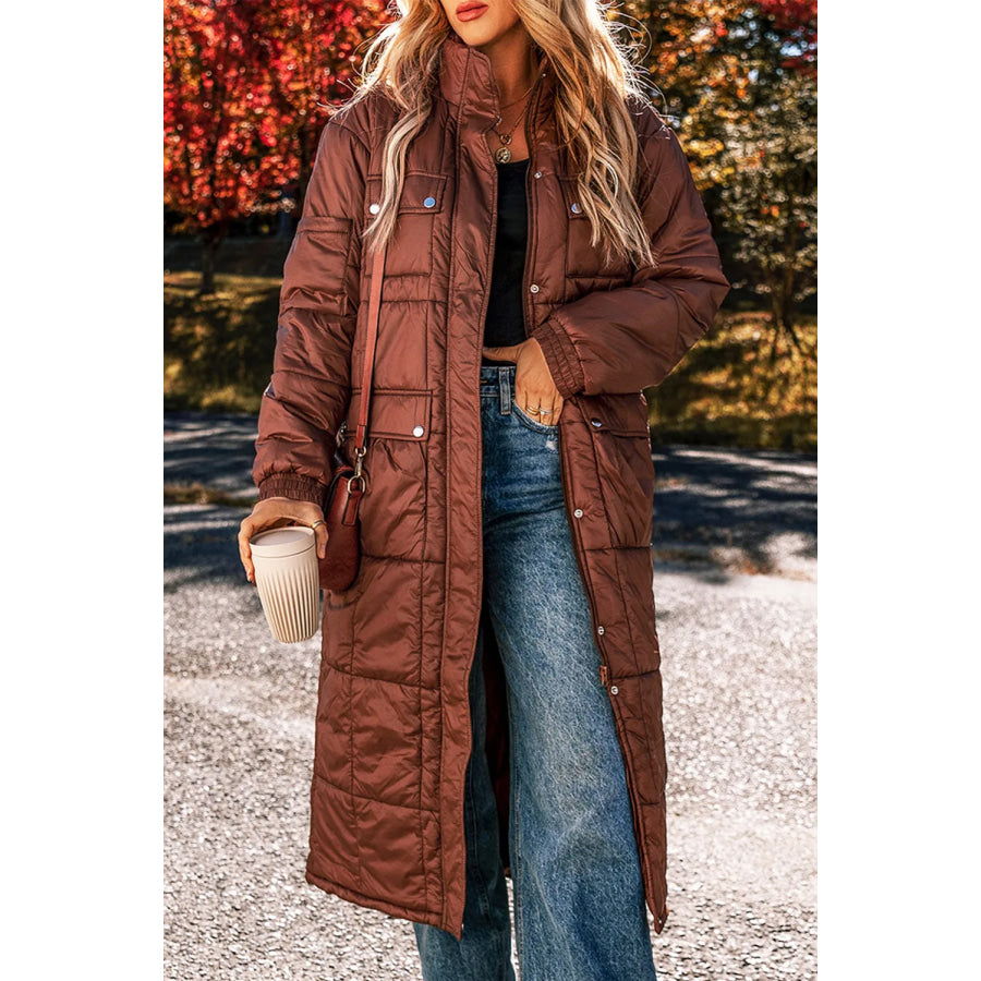 Pocketed Bubble Texture Long Sleeve Longline Winter Coat Brown / S Apparel and Accessories