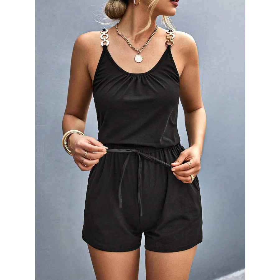 Pocketed Buckle Trim Scoop Neck Romper Apparel and Accessories