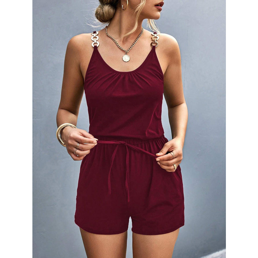 Pocketed Buckle Trim Scoop Neck Romper Apparel and Accessories