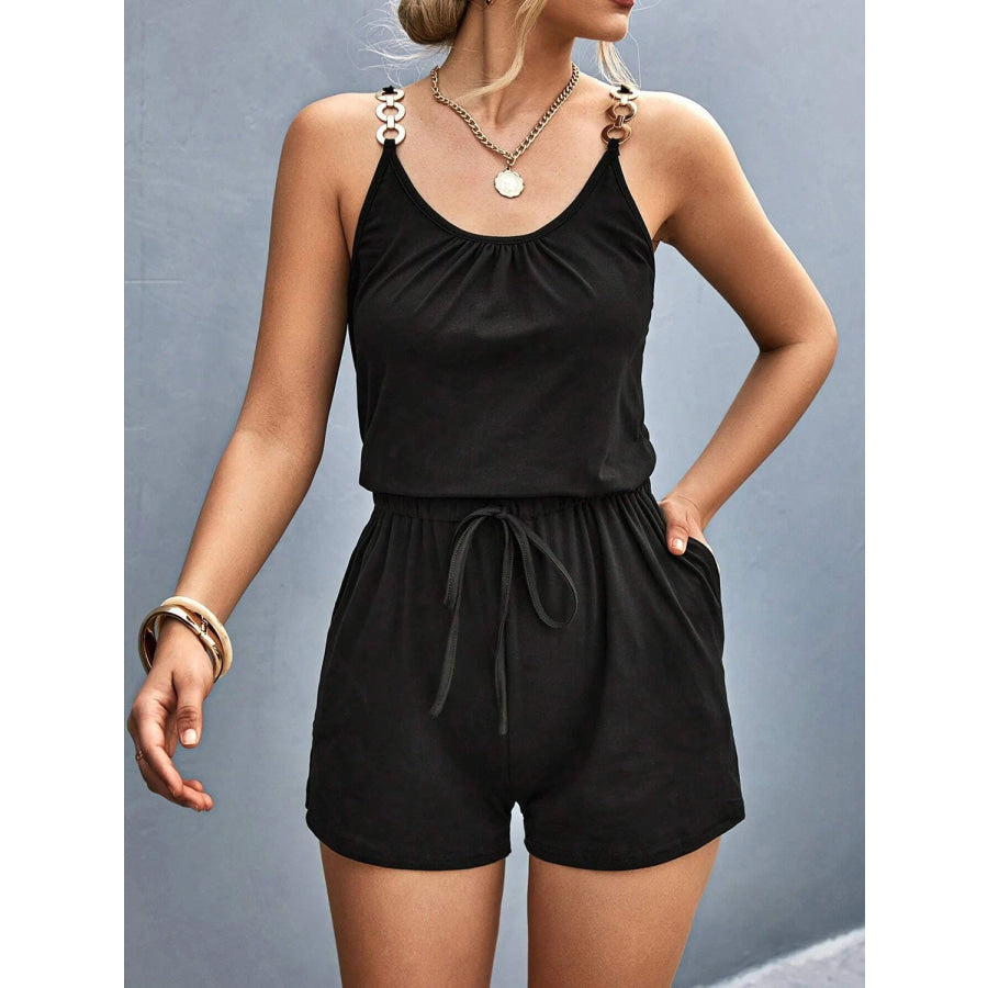 Pocketed Buckle Trim Scoop Neck Romper Black / S Apparel and Accessories