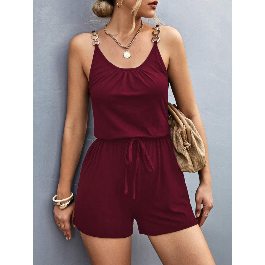 Pocketed Buckle Trim Scoop Neck Romper Burgundy / S Apparel and Accessories