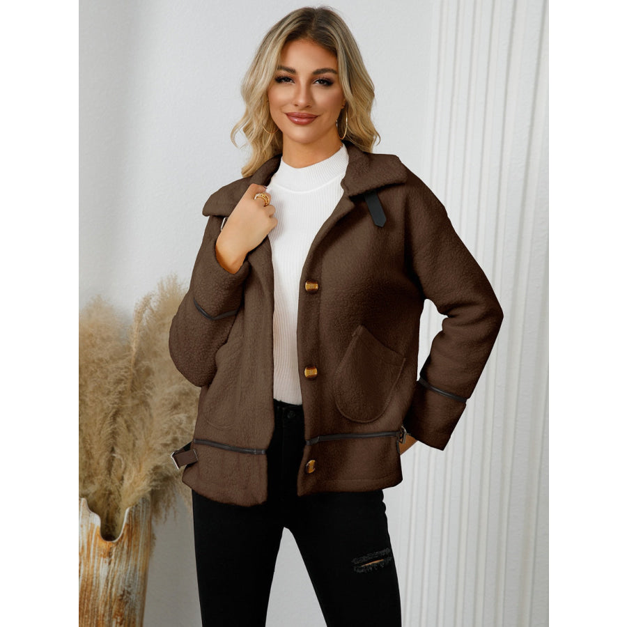 Pocketed Button Down Collared Neck Jacket Chocolate / S Apparel and Accessories