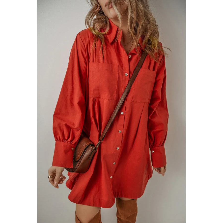 Pocketed Button Down Long Sleeve Shirt Dress Apparel and Accessories