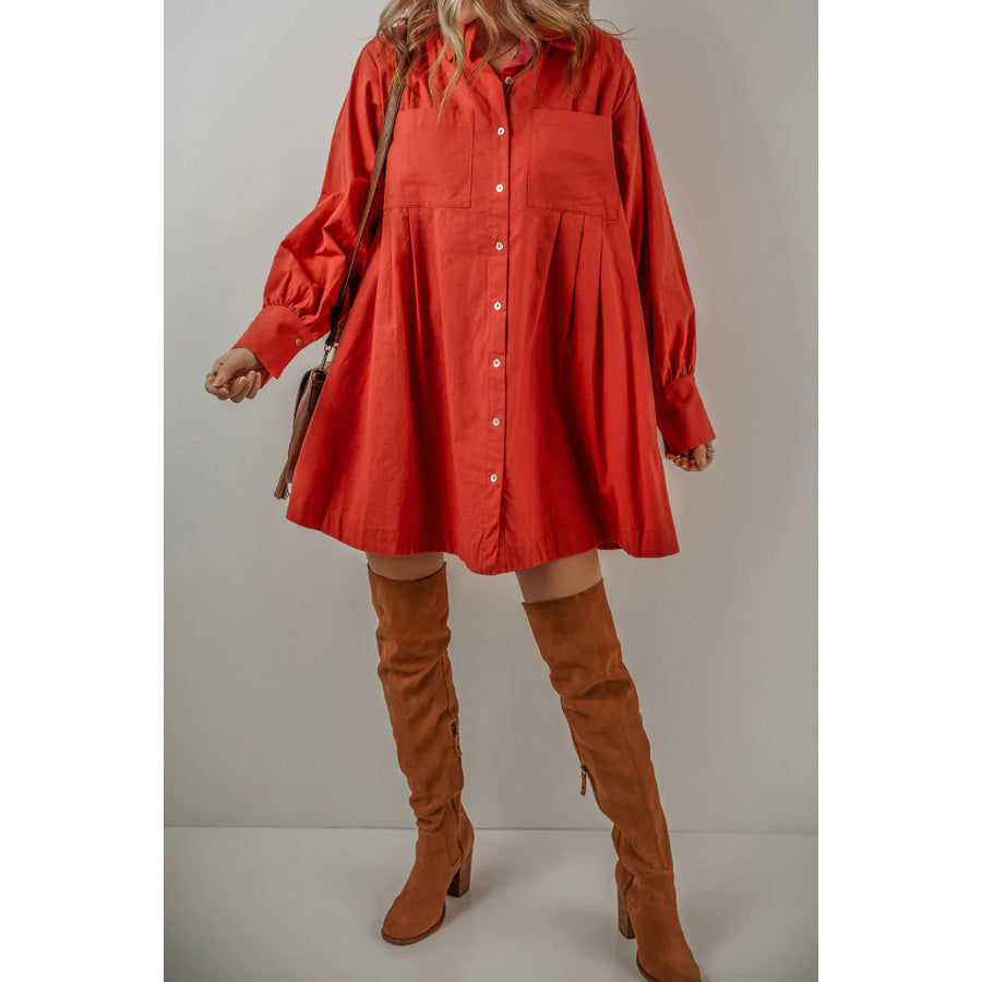 Pocketed Button Down Long Sleeve Shirt Dress Apparel and Accessories