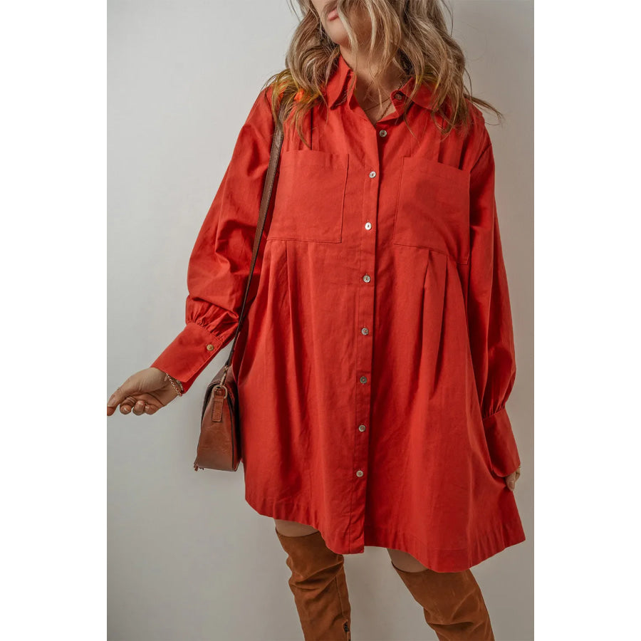 Pocketed Button Down Long Sleeve Shirt Dress Apparel and Accessories