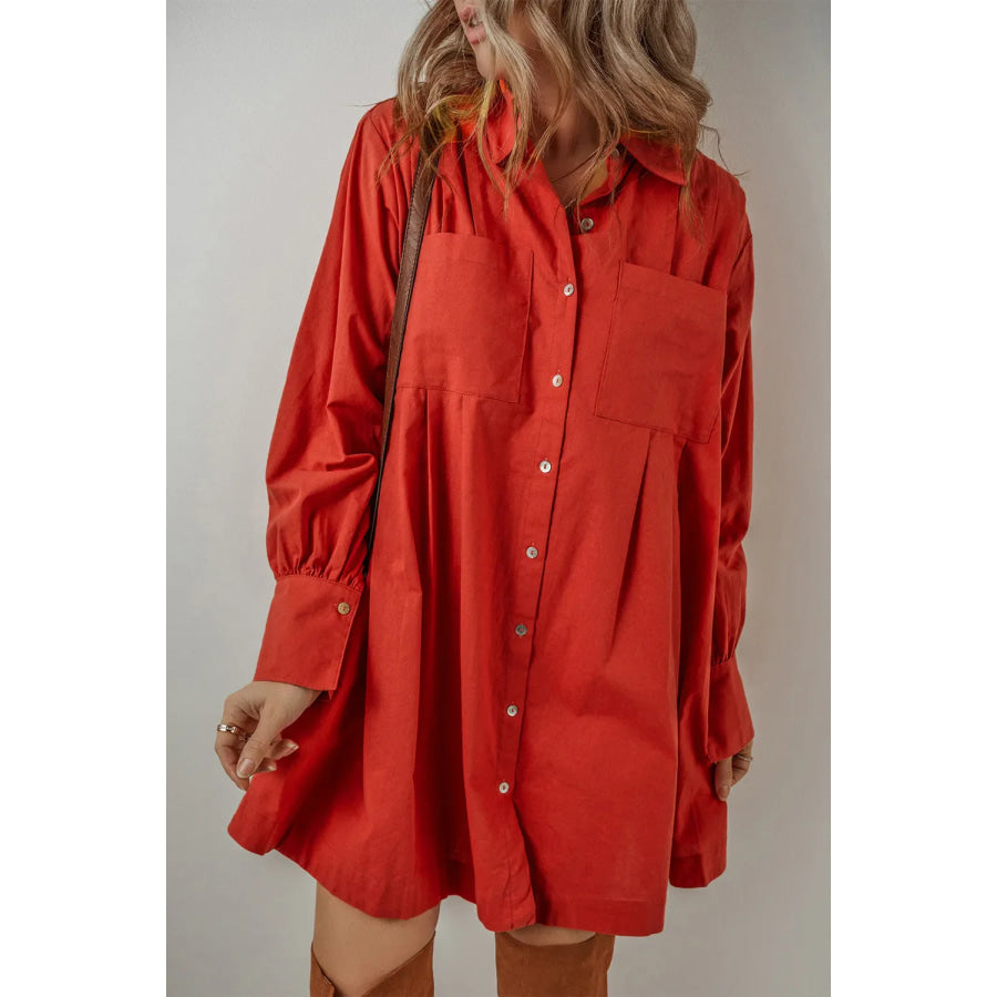 Pocketed Button Down Long Sleeve Shirt Dress Red / S Apparel and Accessories