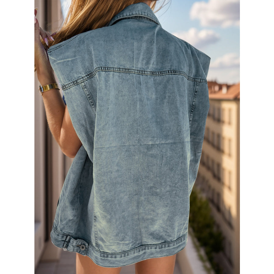 Pocketed Button Up Cap Sleeve Denim Jacket Apparel and Accessories