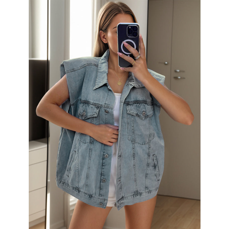 Pocketed Button Up Cap Sleeve Denim Jacket Light / S Apparel and Accessories