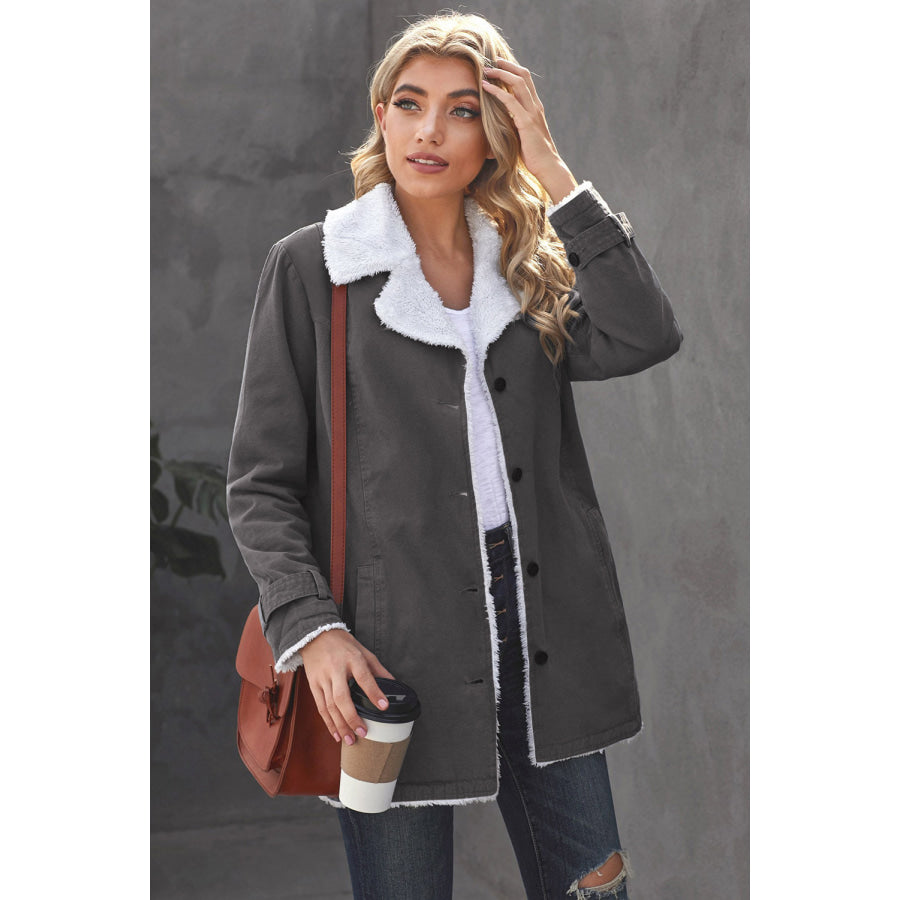 Pocketed Button Up Collared Neck Coat Charcoal / S Apparel and Accessories