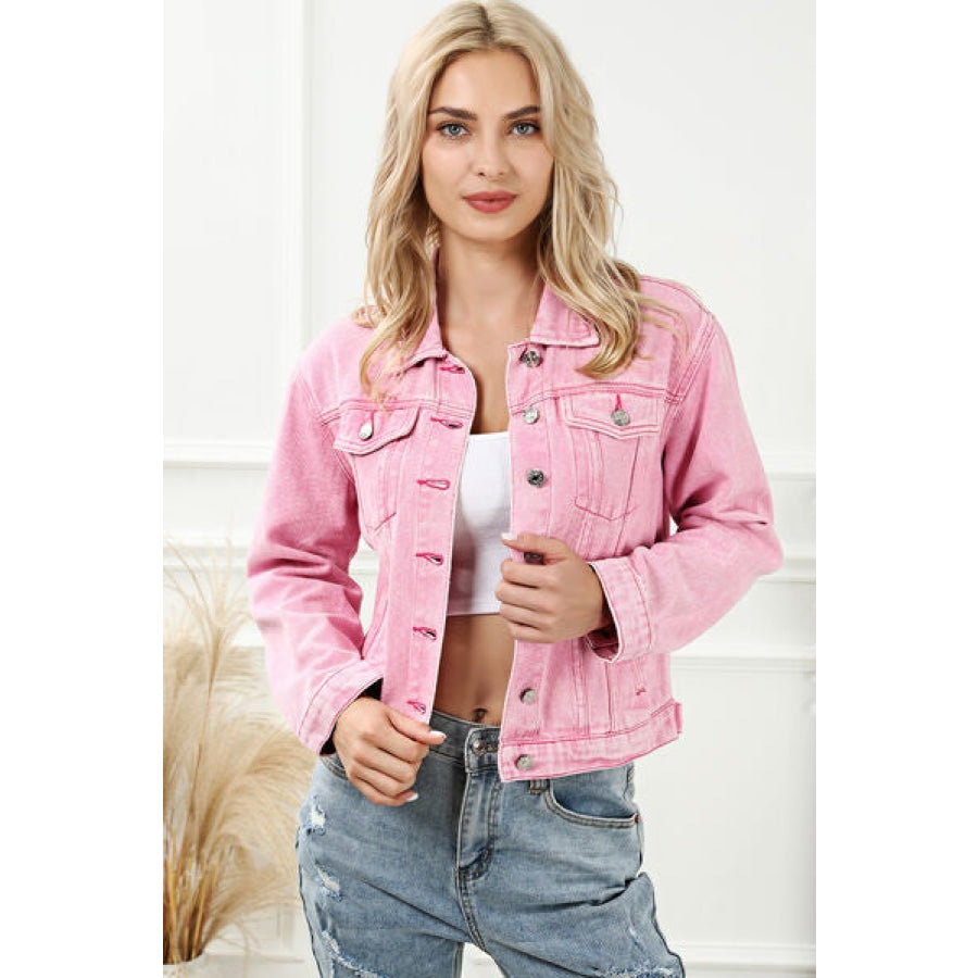 Pocketed Button Up Collared Neck Denim Jacket Blush Pink / S Clothing