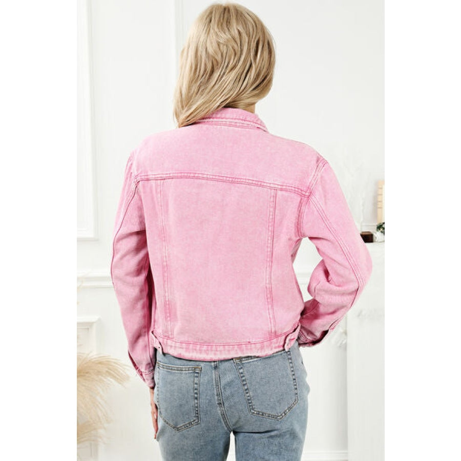 Pocketed Button Up Collared Neck Denim Jacket Blush Pink / S Clothing