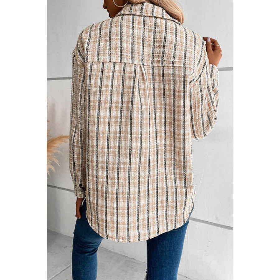 Pocketed Button Up Collared Neck Jacket Sand / S Apparel and Accessories