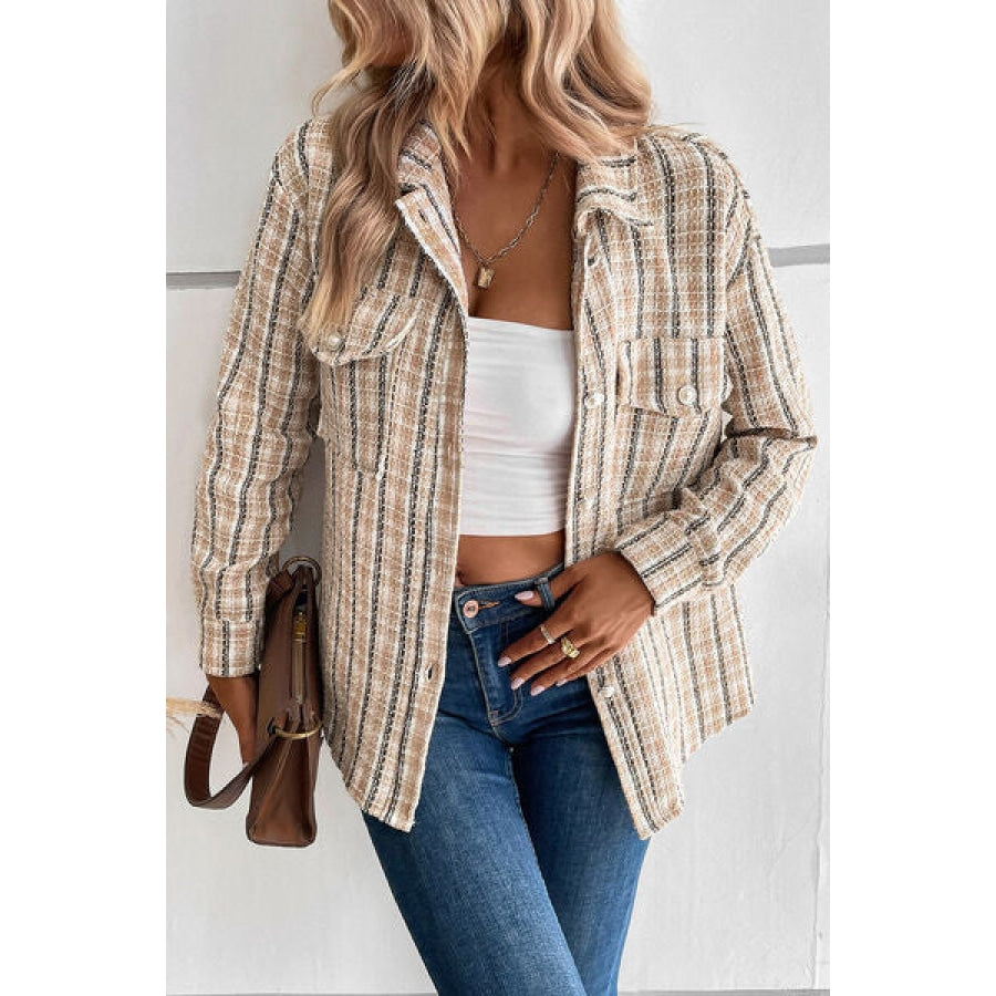 Pocketed Button Up Collared Neck Jacket Sand / S Apparel and Accessories