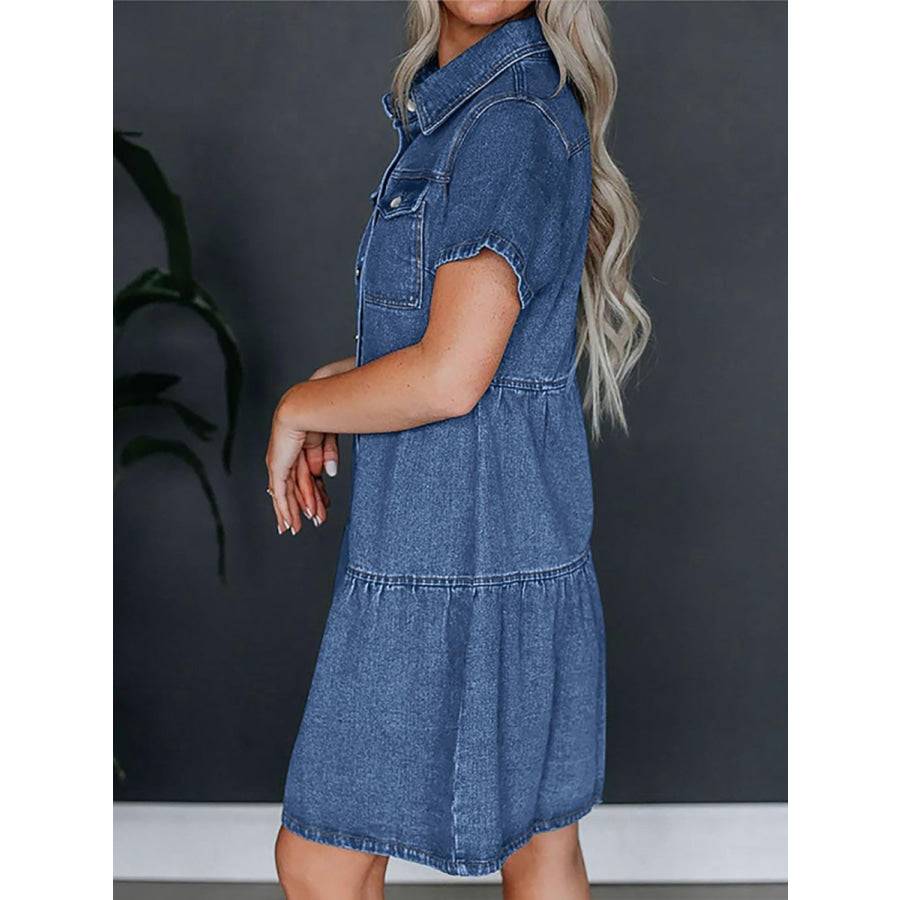 Pocketed Button Up Collared Neck Short Sleeve Denim Dress Apparel and Accessories