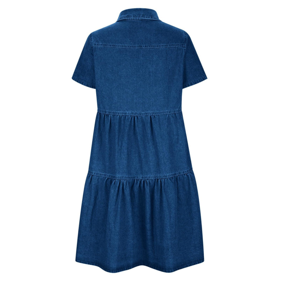 Pocketed Button Up Collared Neck Short Sleeve Denim Dress Apparel and Accessories