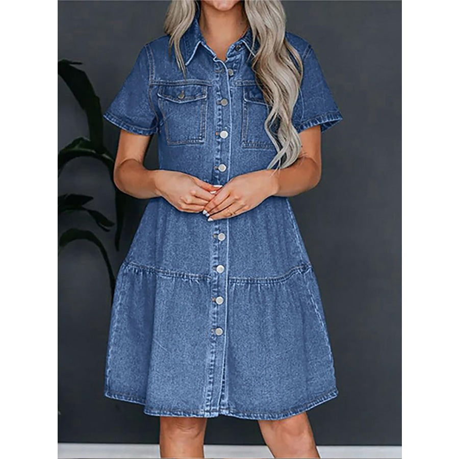 Pocketed Button Up Collared Neck Short Sleeve Denim Dress Apparel and Accessories