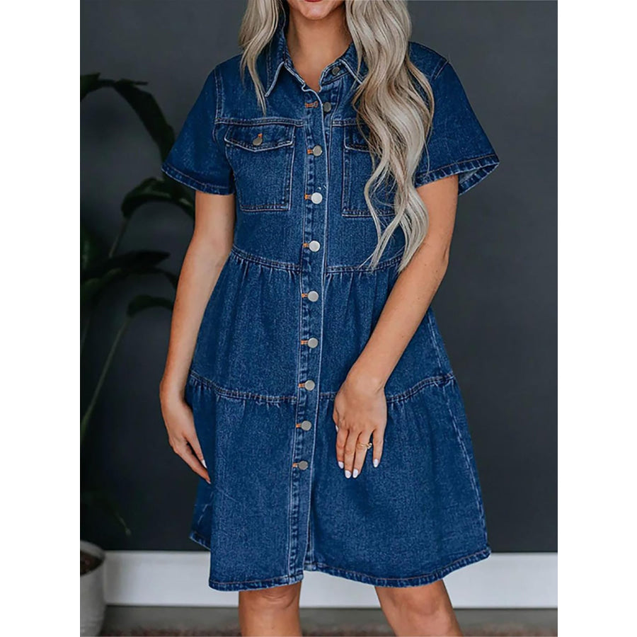 Pocketed Button Up Collared Neck Short Sleeve Denim Dress Apparel and Accessories