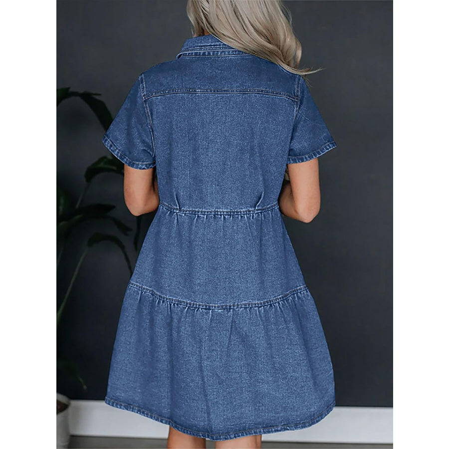 Pocketed Button Up Collared Neck Short Sleeve Denim Dress Dusty Blue / S Apparel and Accessories